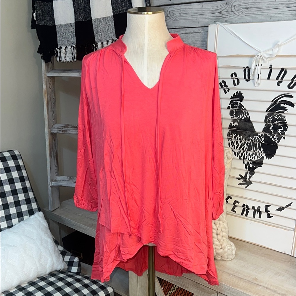 Lucky Day Top Oversized High low Vibrant Coral V-Neck Blouse